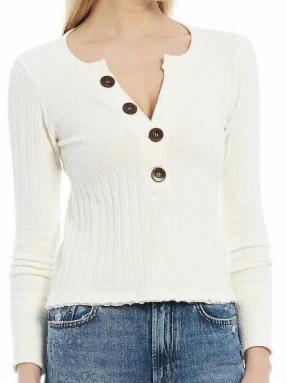 We The Free by free people Cream Ribbed Button-Front Long Sleeve Top